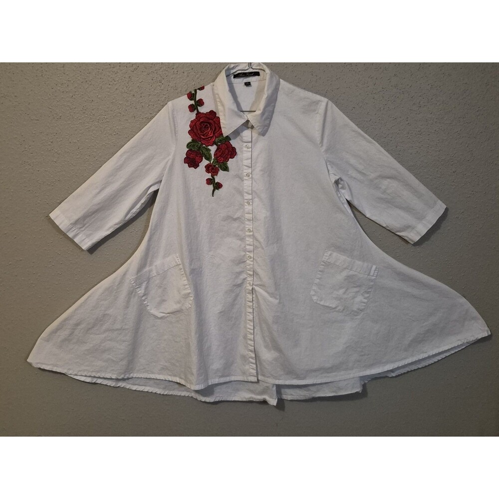Anne French Top S 3D Roses Flared Sides Cotton Lagen Look Boho Cottage Core